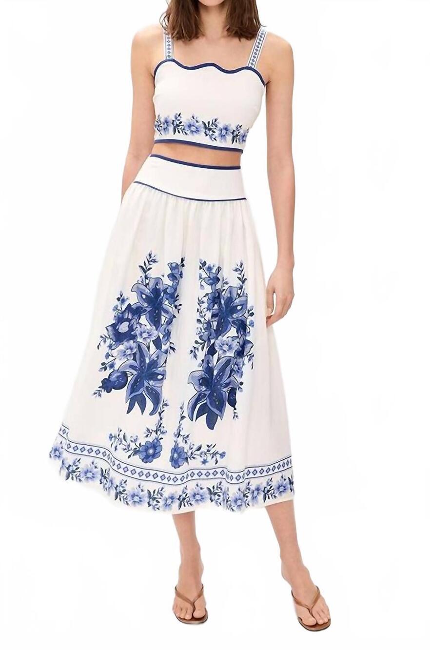 NEW MOON RIVER susie floral detail midi skirt in off white multi